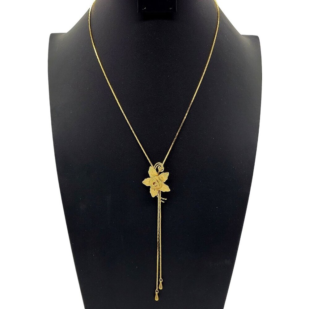 Vintage Gold Tone Mesh Rose Lariat Adjustable Slide Necklace 30" Delicate